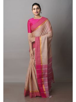 Unnati Silks - Cream Pure Handloom Mangalagiri Cotton Saree with Unstitched Blouse