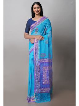 Unnati Silks - Blue Pure Block Printed Kota Cotton Sarees with Unstitched Blouse