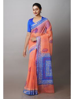 Unnati Silks - Peach Orange Pure Block Printed Kota Cotton Sarees with Unstitched Blouse