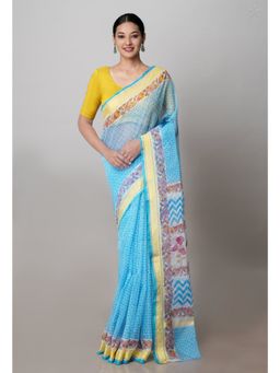 Unnati Silks - Turquoise Pure Block Printed Kota Cotton Saree with Unstitched Blouse