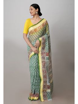 Unnati Silks - Green Pure Block Printed Kota Cotton Saree with Unstitched Blouse