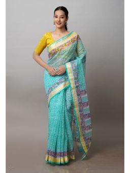 Unnati Silks - Turquoise Pure Block Printed Kota Cotton Saree with Unstitched Blouse