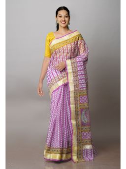 Unnati Silks - Magenta Pure Block Printed Kota Cotton Saree with Unstitched Blouse