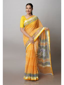 Unnati Silks - Orange Pure Block Printed Kota Cotton Saree with Unstitched Blouse