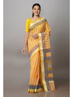 Unnati Silks - Orange Pure Block Printed Kota Cotton Saree with Unstitched Blouse