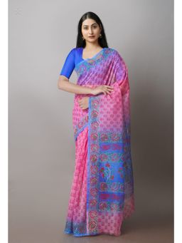 Unnati Silks - Pink Block Printed Super net Sarees with Unstitched Blouse