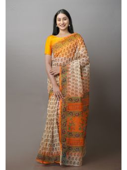 Unnati Silks - Cream Block Printed Super net Sarees with Unstitched Blouse