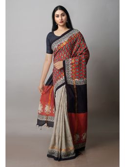 Unnati Silks - Maroon Bagru Printed Soft Saree with Unstitched Blouse
