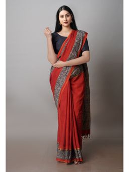 Unnati Silks - Red Bagru Printed Soft Saree with Unstitched Blouse