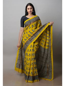 Unnati Silks - Yellow Bagru Printed Soft Saree with Unstitched Blouse