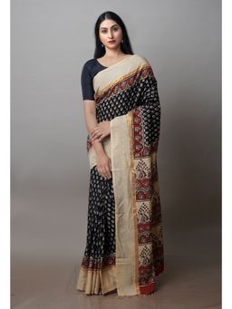 Unnati Silks - Black Bagru Printed Soft Saree with Unstitched Blouse