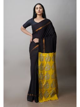 Unnati Silks - Black Bagru Printed Soft Saree with Unstitched Blouse