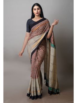 Unnati Silks - Multi Bagru Striped Soft Saree with Unstitched Blouse