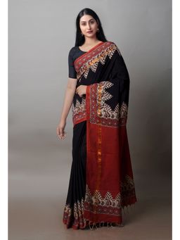 Unnati Silks - Black Bagru Printed Soft Saree with Unstitched Blouse