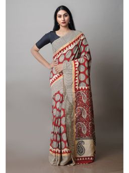 Unnati Silks - Red Bagru Printed Soft Saree with Unstitched Blouse