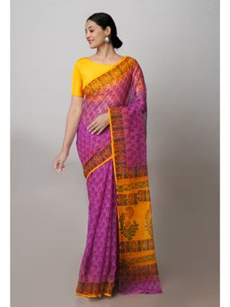 Unnati Silks - Pink Pure Kota Block Printed Cotton Saree with Unstitched Blouse