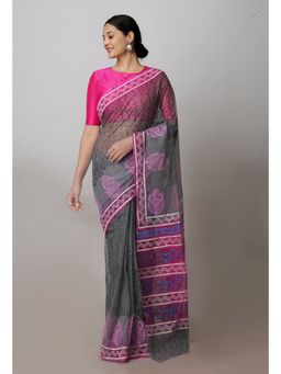 Unnati Silks - Grey Pure Kota Block Printed Cotton Saree with Unstitched Blouse