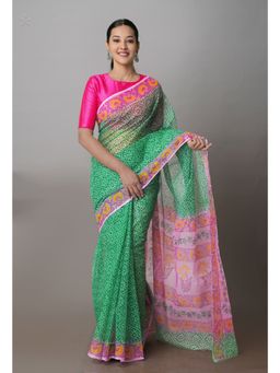 Unnati Silks - Green Pure Kota Block Printed Cotton Saree with Unstitched Blouse