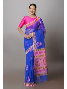 Unnati Silks - Blue Pure Kota Block Printed Cotton Saree with Unstitched Blouse