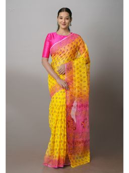 Unnati Silks - Yellow Pure Kota Block Printed Cotton Saree with Unstitched Blouse