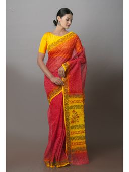 Unnati Silks - Red Pure Kota Block Printed Cotton Saree with Unstitched Blouse