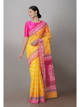 Unnati Silks - Yellow Pure Kota Block Printed Cotton Saree with Unstitched Blouse