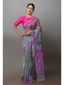 Unnati Silks - Grey Pure Kota Block Printed Cotton Saree with Unstitched Blouse