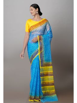 Unnati Silks - Blue Pure Kota Block Printed Cotton Saree with Unstitched Blouse