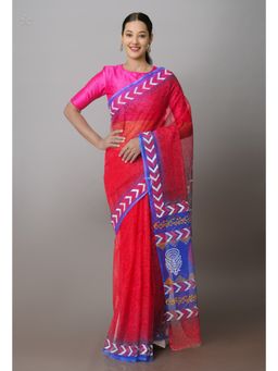 Unnati Silks - Red Pure Kota Block Printed Cotton Saree with Unstitched Blouse