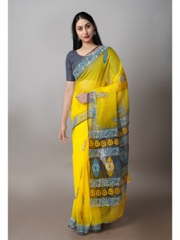 Unnati Silks - Yellow Pure Kota Block Printed Cotton Saree with Unstitched Blouse
