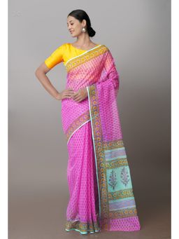 Unnati Silks - Pink Pure Kota Block Printed Cotton Saree with Unstitched Blouse