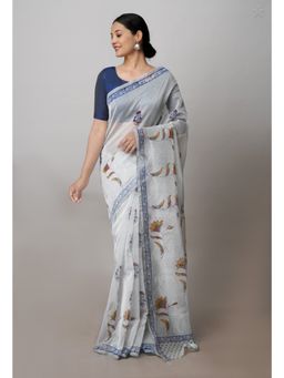 Unnati Silks - Grey Block Printed Super net Saree with Unstitched Blouse