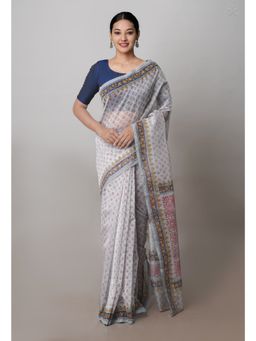 Unnati Silks - Grey Block Printed Super net Saree with Unstitched Blouse