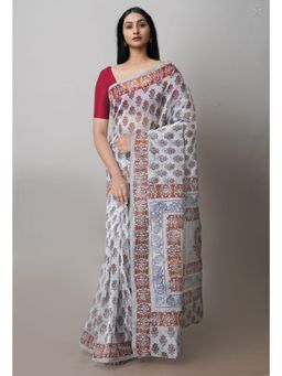 Unnati Silks - Grey Block Printed Super net Saree with Unstitched Blouse