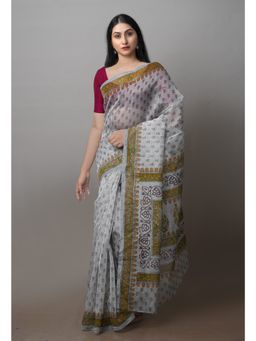 Unnati Silks - Grey Block Printed Super net Saree with Unstitched Blouse