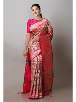 Unnati Silks - Pink Banarasi Saree with Unstitched Blouse