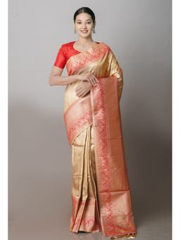 Unnati Silks - Cream Kanjivaram Saree with Unstitched Blouse