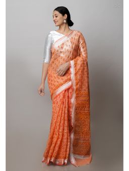 Unnati Silks - Orange Block Printed Kota Saree Hand Kantha Work with Unstitched Blouse