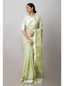 Unnati Silks - Green Block Printed Kota Saree Hand Kantha Work with Unstitched Blouse