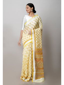 Unnati Silks - Yellow Block Printed Kota Saree Kantha Work with Unstitched Blouse