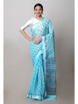 Unnati Silks - Blue Block Printed Kota Saree Hand Kantha Work with Unstitched Blouse