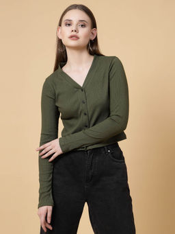 RIGO - Women Olive Rib Cardigan