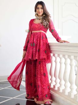 Lavanya The Label - Pink Bandhni Print Kurta And Sharara Set (Set of 3)