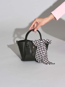 PAZZION - Women's Piping Hand Bag with Scarf- Black