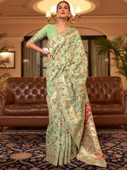 Akhilam - Women's Silk Blend Green Woven Design Celebrity Saree With Blouse Piece with Unstitched