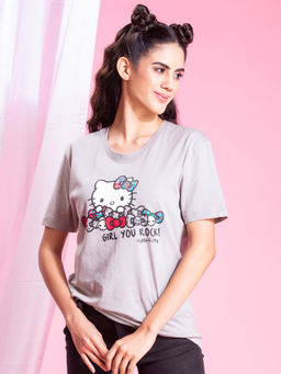 Clovia - Cotton Graphic Print Short Sleeve T-Shirt - Grey