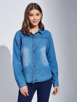 Latin Quarters - Women Blue Solid Full Sleeve Casual Collar Shirt