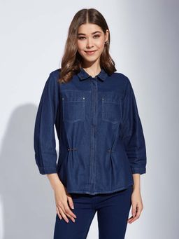 Latin Quarters - Women Blue Solid 3/4Th Sleeves Casual Collar Shirt