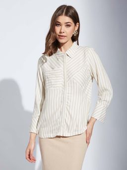 Latin Quarters - Women Beige Striped Full Sleeve Casual Collar Shirt