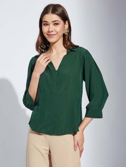Latin Quarters - Women Green Solid 3/4Th Sleeves Casual Collar Shirt